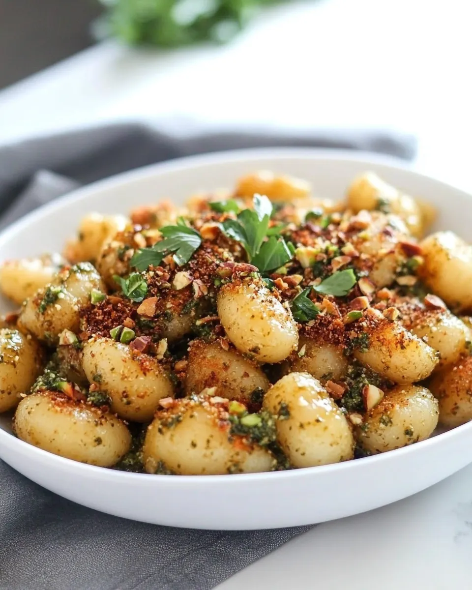 homemade Crispy Gnocchi with Pistachio Pesto. photo