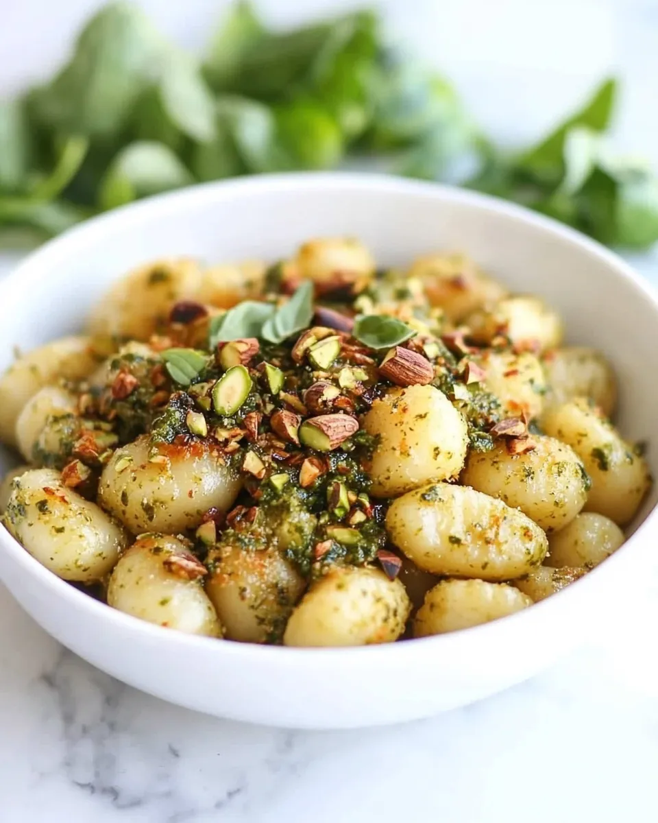 delicious Crispy Gnocchi with Pistachio Pesto. shot