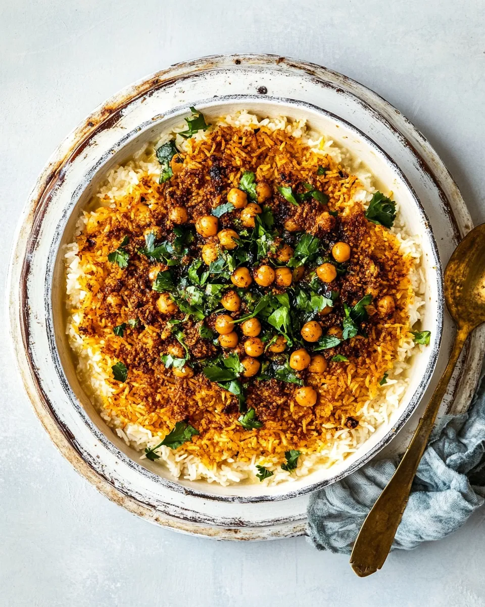 Homemade Crispy Persian Rice (Tahdig) with Spiced Golden Chickpeas photo