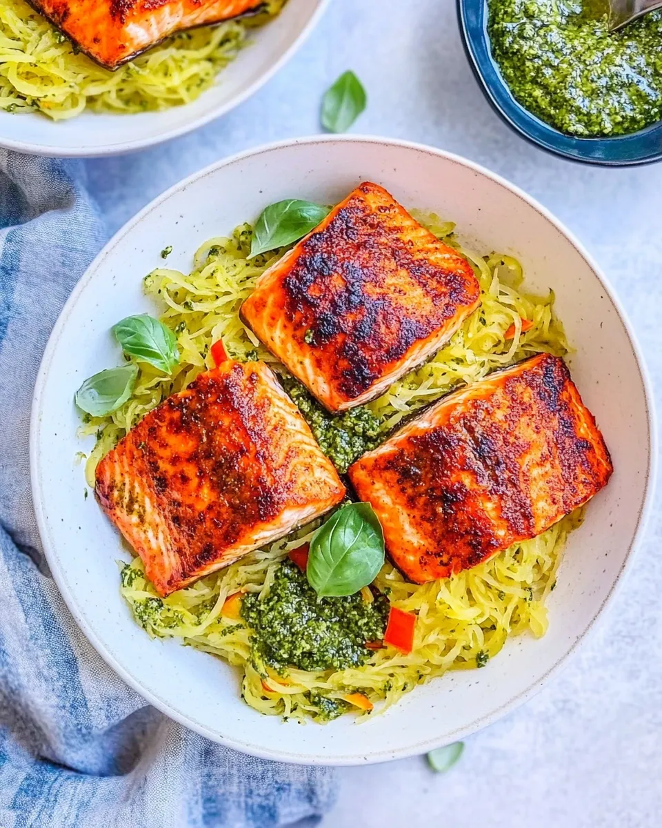 homemade Crispy Salmon Bowls with Pesto Spaghetti Squash photo
