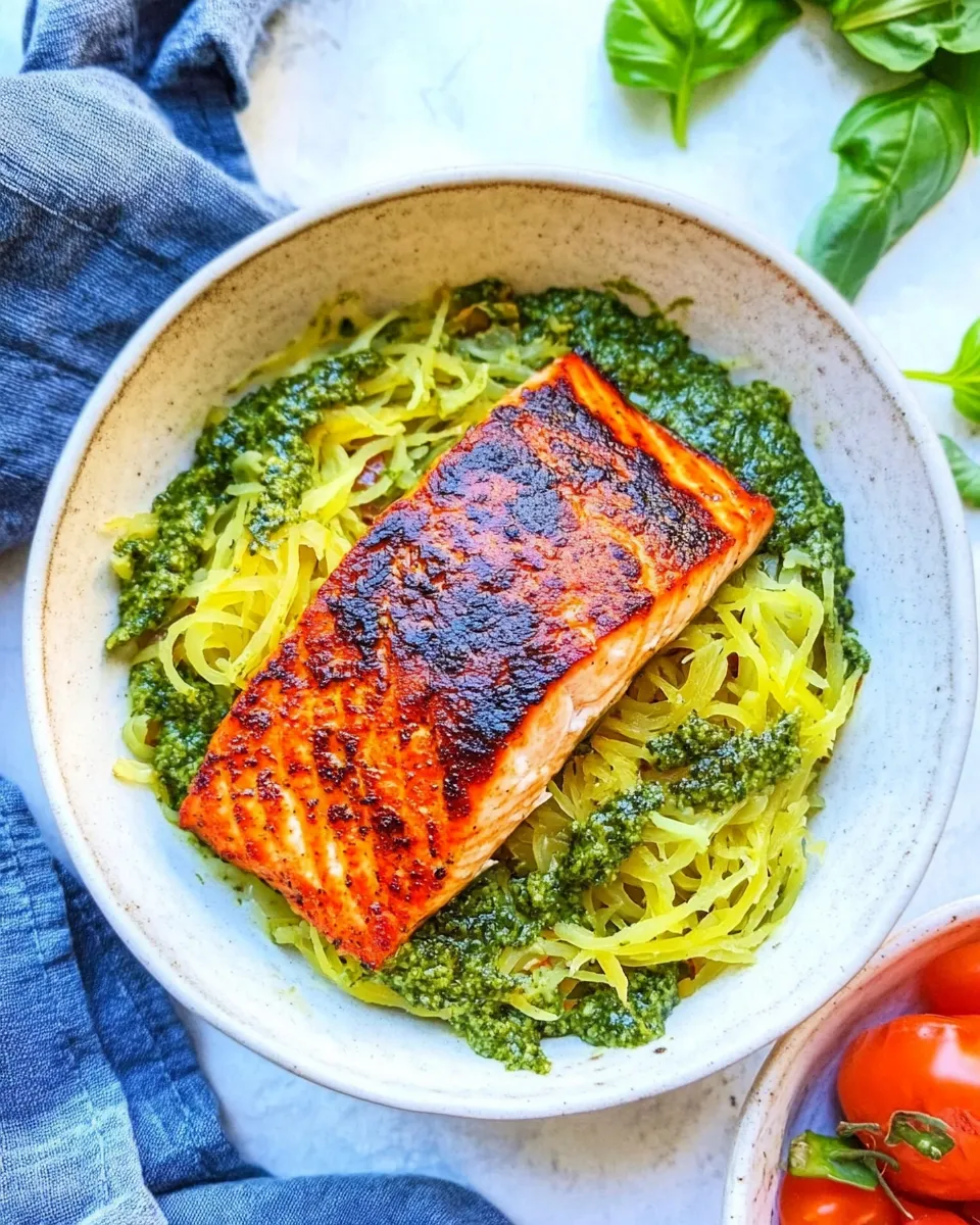 delicious Crispy Salmon Bowls with Pesto Spaghetti Squash shot