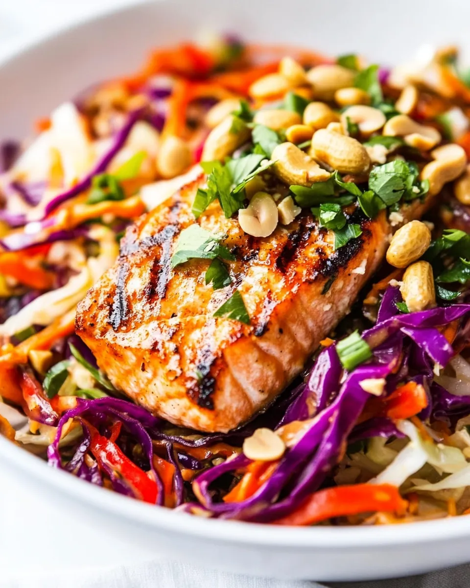 Homemade Crispy Salmon Salad with Cabbage and Peanut Dressing photo