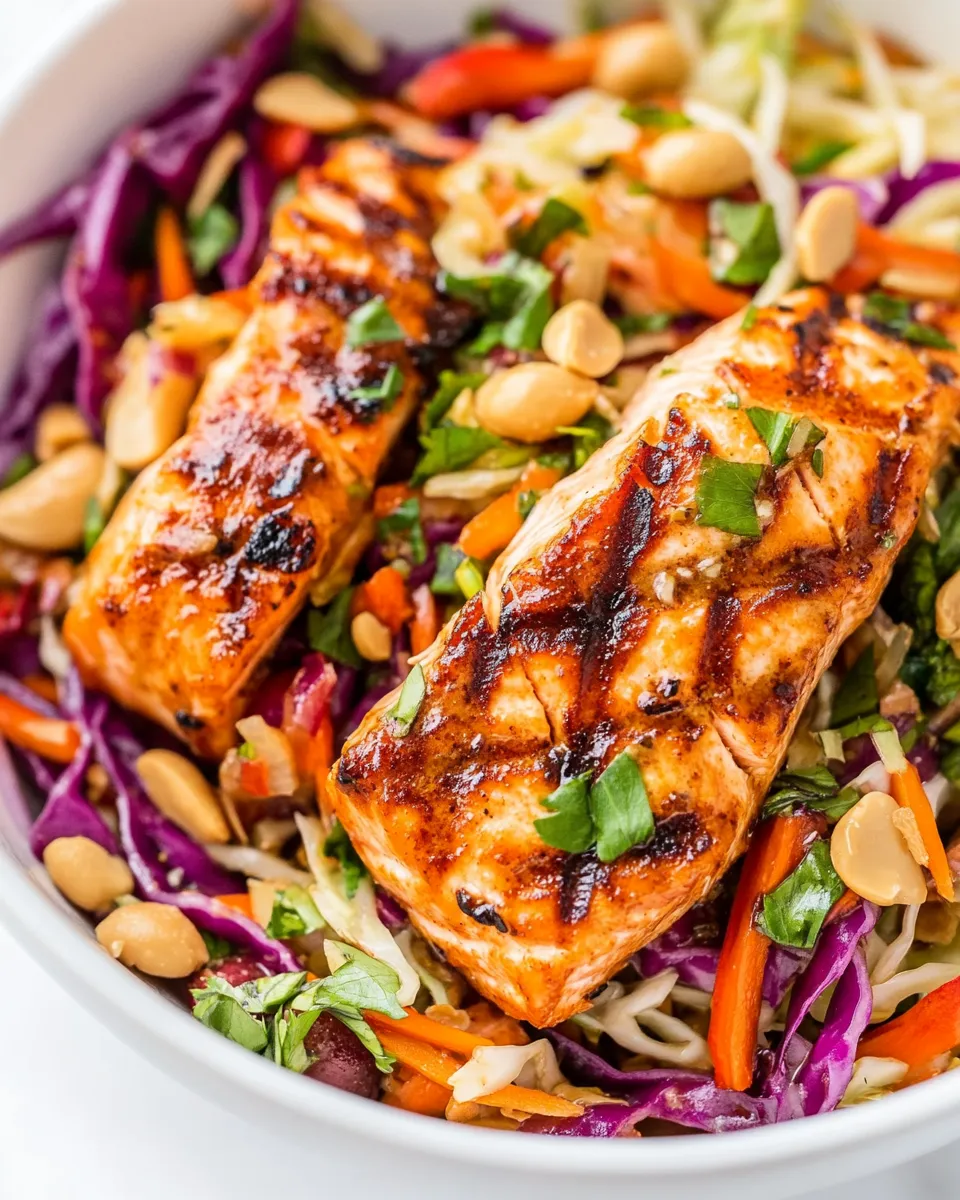 Delicious Crispy Salmon Salad with Cabbage and Peanut Dressing dish photo