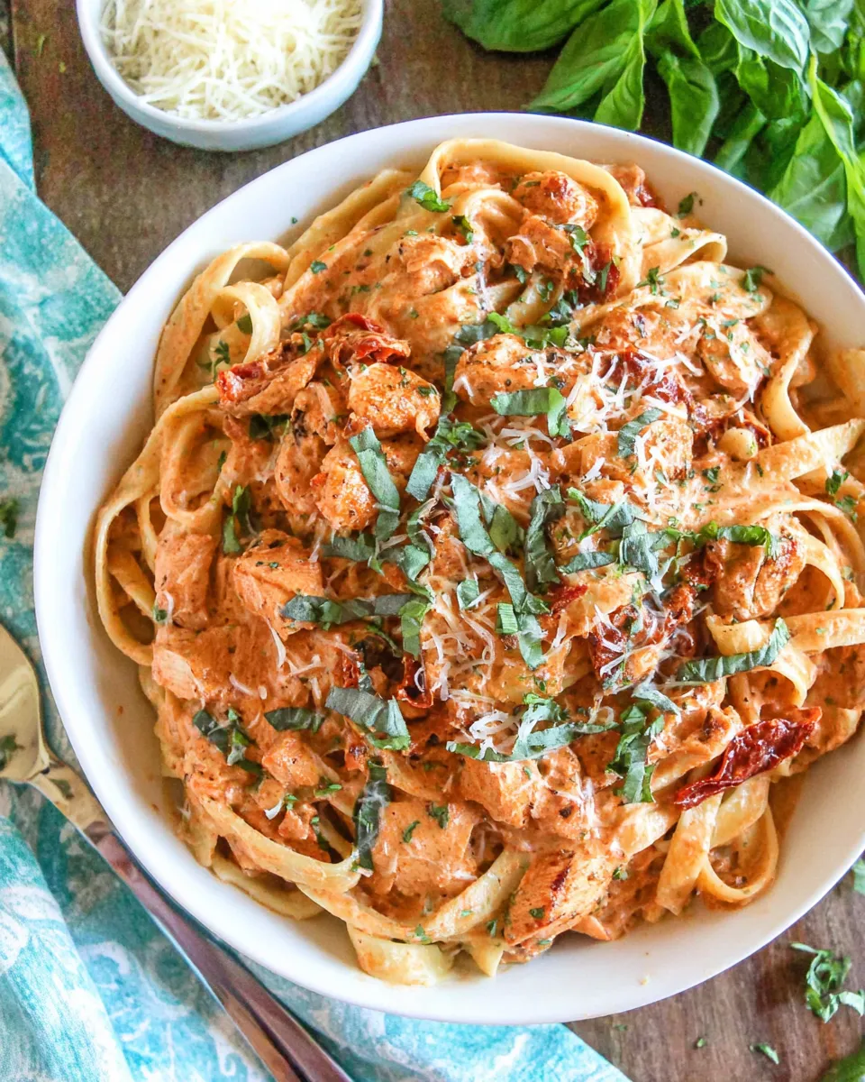 Easy Crockpot Sun-Dried Tomato Chicken Alfredo food shot
