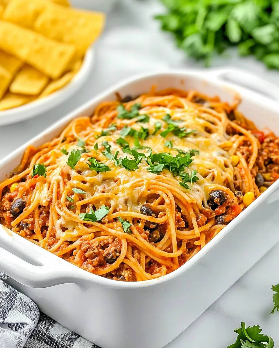 Delicious Easy Cheesy Taco Spaghetti Casserole dish photo