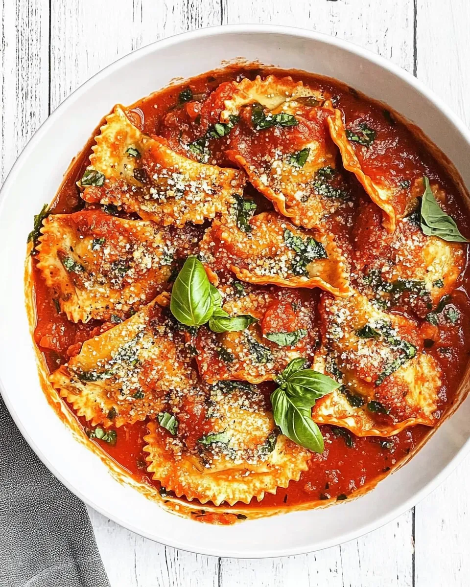 Delicious Easy Ravioli with Creamy Basil-Tomato Sauce shot