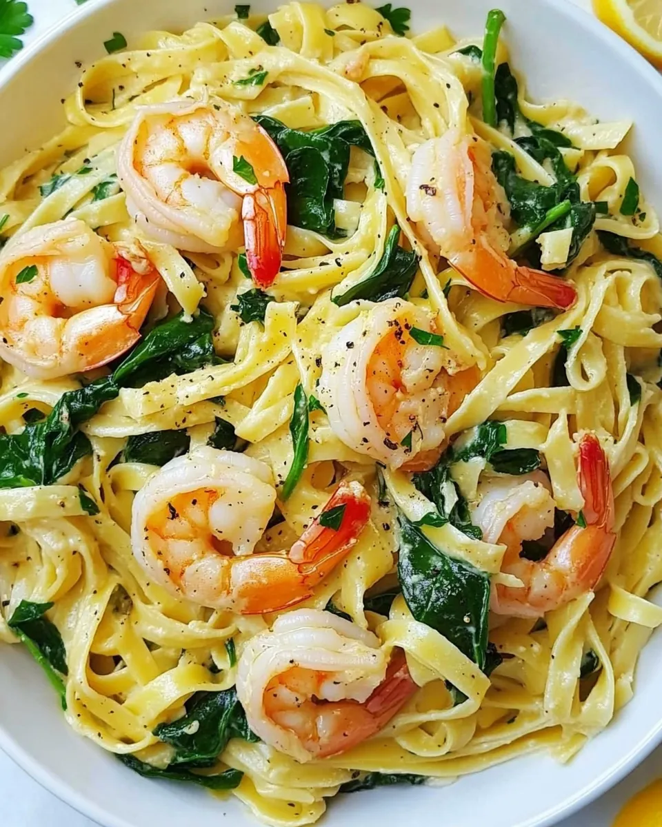 homemade Fettuccine with Shrimp and Spinach photo