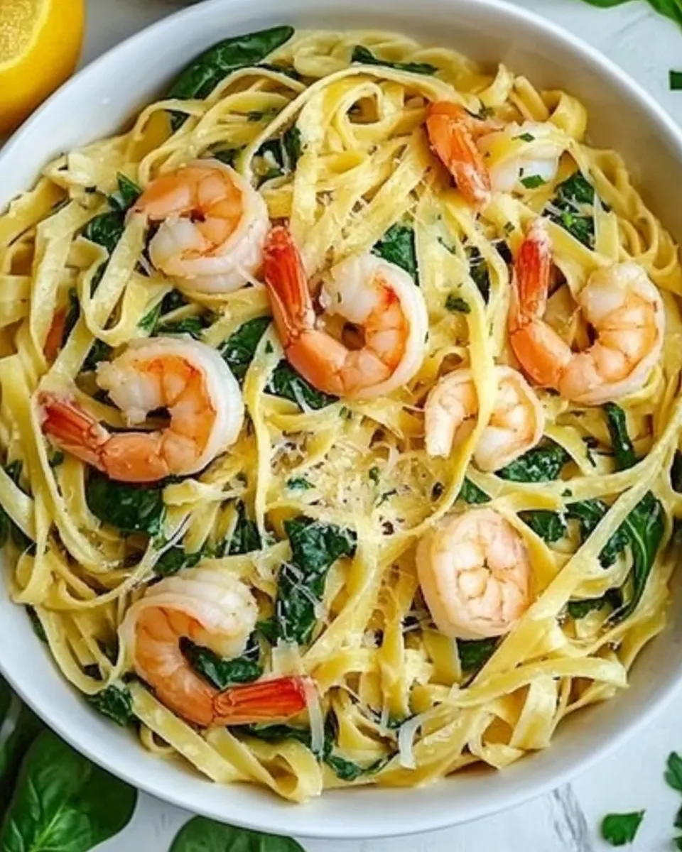 delicious Fettuccine with Shrimp and Spinach shot