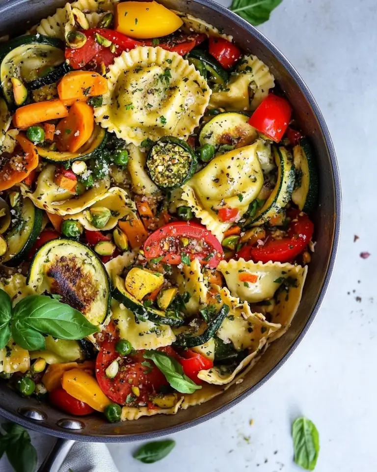 homemade Garden Veggie and Ravioli Skillet with Pistachio Herb Butter. photo