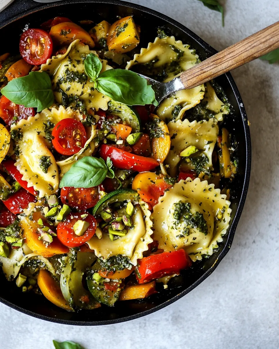 delicious Garden Veggie and Ravioli Skillet with Pistachio Herb Butter. shot