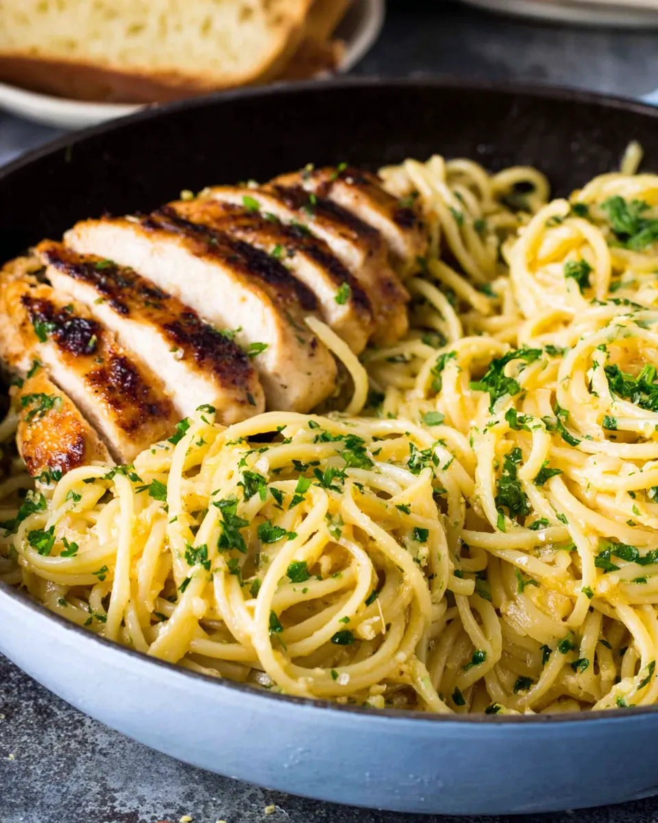 Easy Garlic Butter Pasta with Garlic Chicken food shot