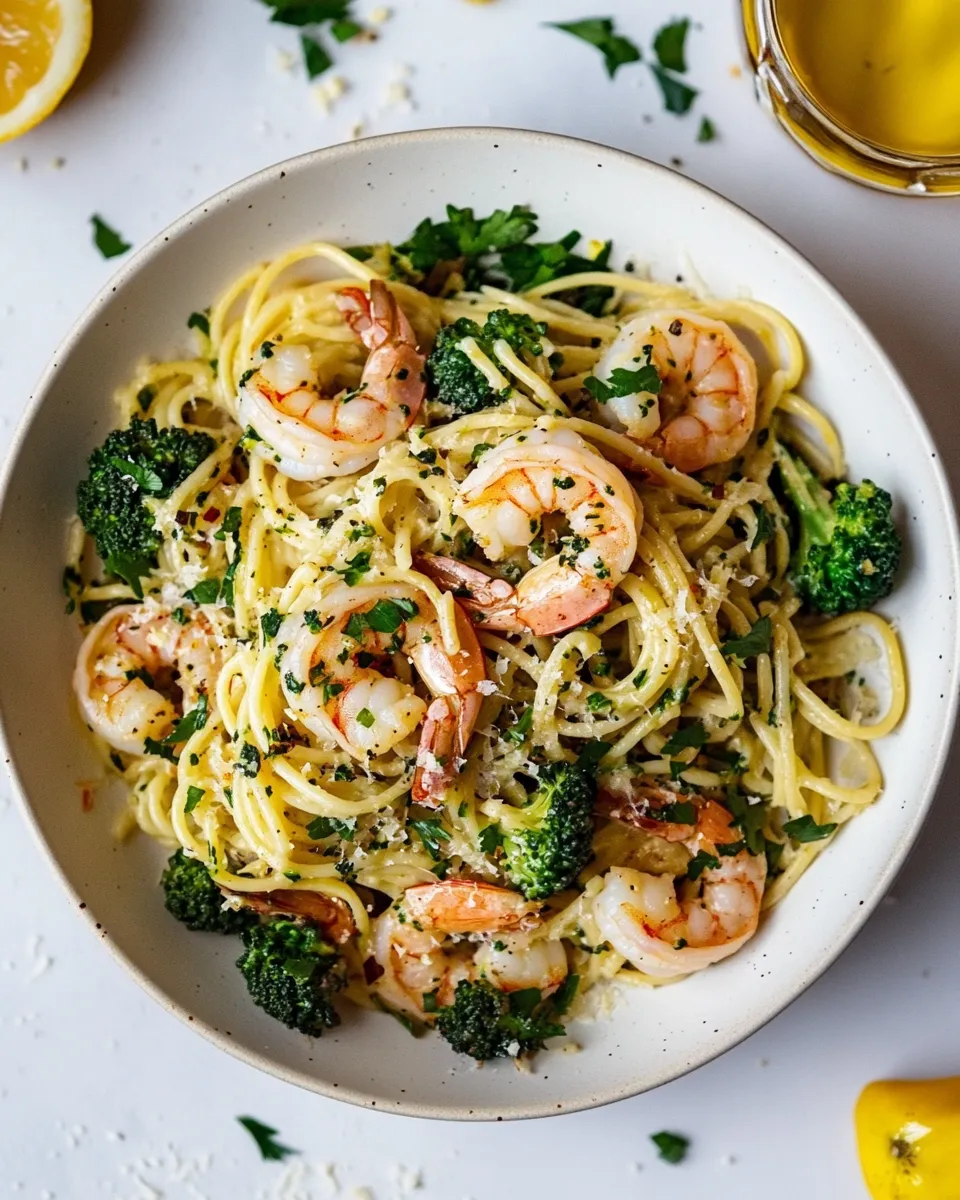 homemade Garlic Sauce Bucatini with Roasted Shrimp and Broccoli. photo