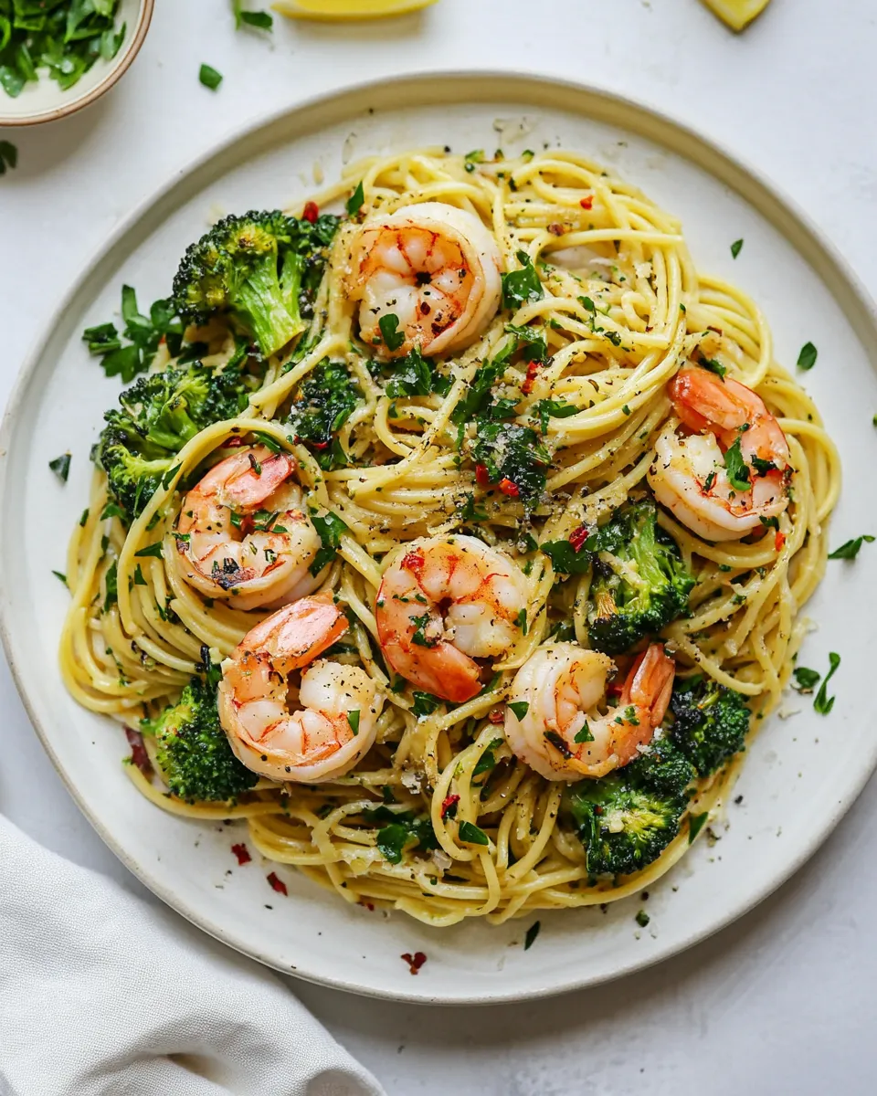 classic Garlic Sauce Bucatini with Roasted Shrimp and Broccoli. image