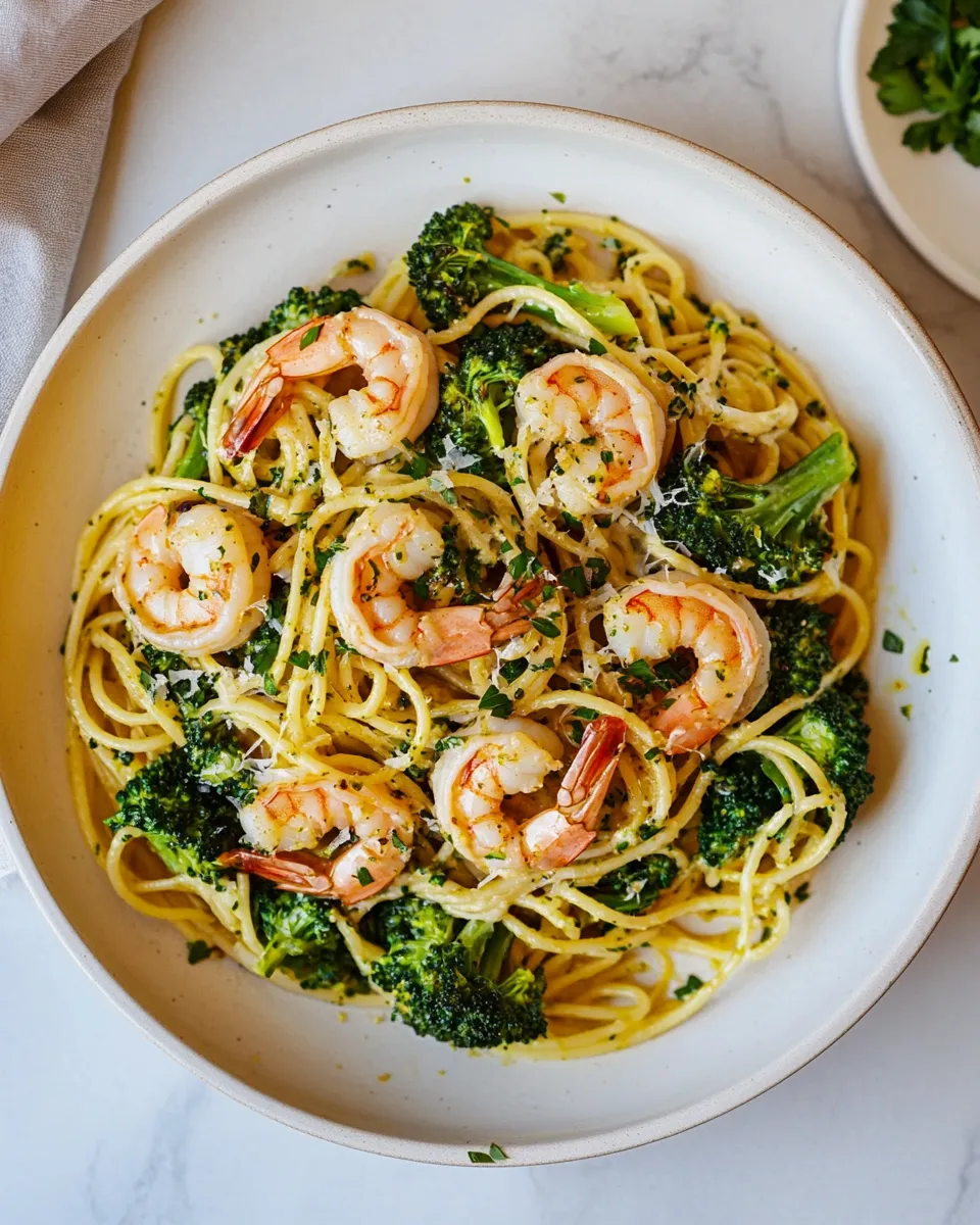 delicious Garlic Sauce Bucatini with Roasted Shrimp and Broccoli. shot