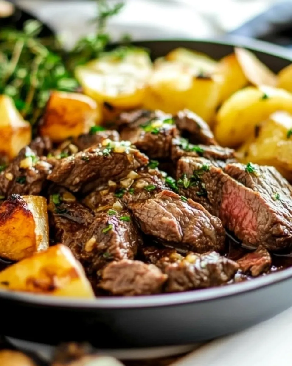 Delicious Garlic Steak Skillet food shot