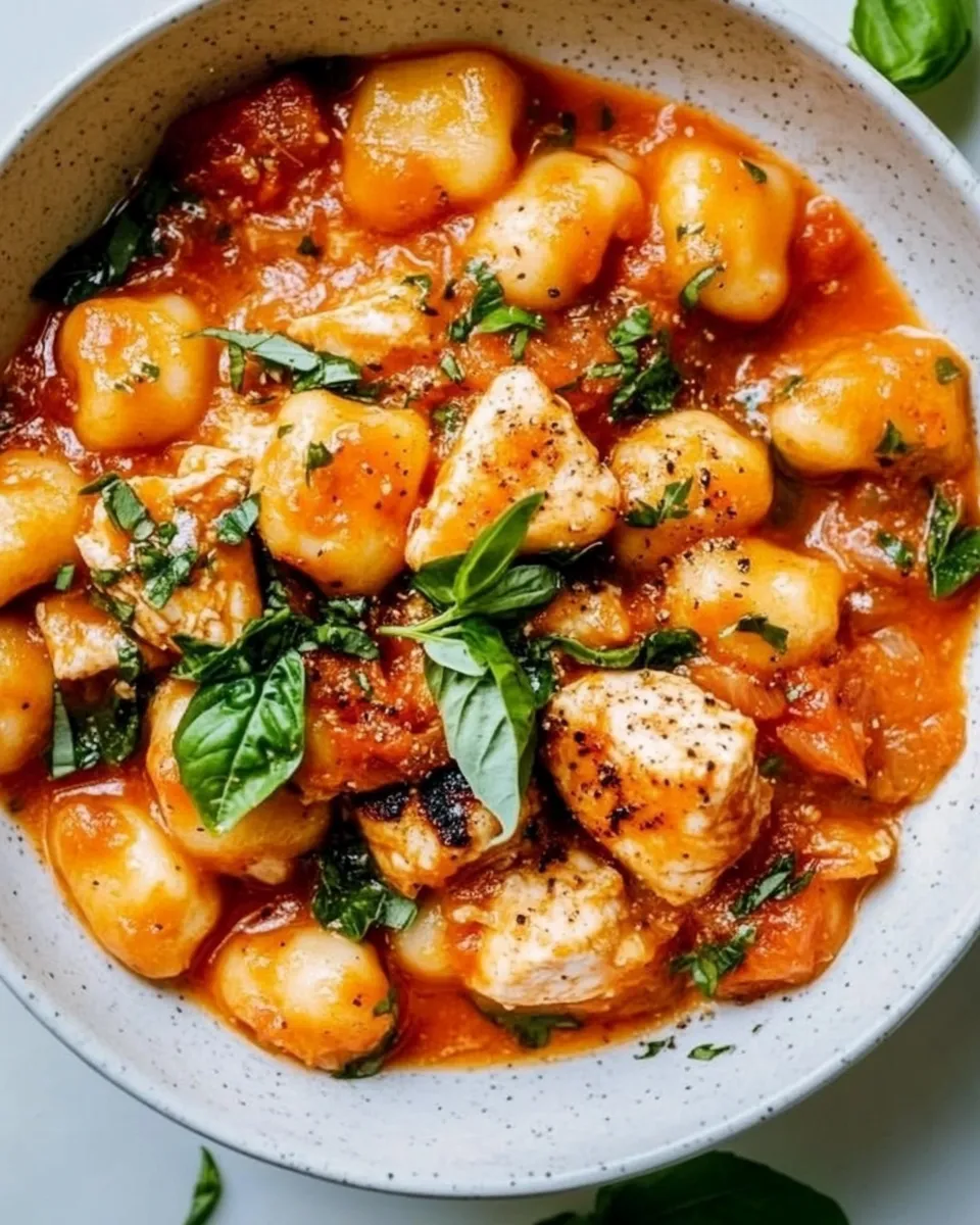 Delicious Gnocchi with Grilled Chicken in Roasted Red Pepper Sauce shot