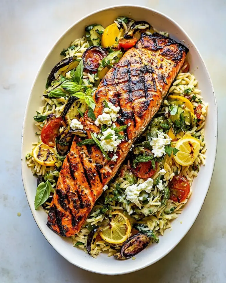 Homemade Greek Salmon with Lemon Feta and Orzo Summer Salad. photo
