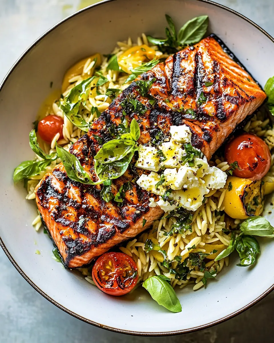 Classic Greek Salmon with Lemon Feta and Orzo Summer Salad. image