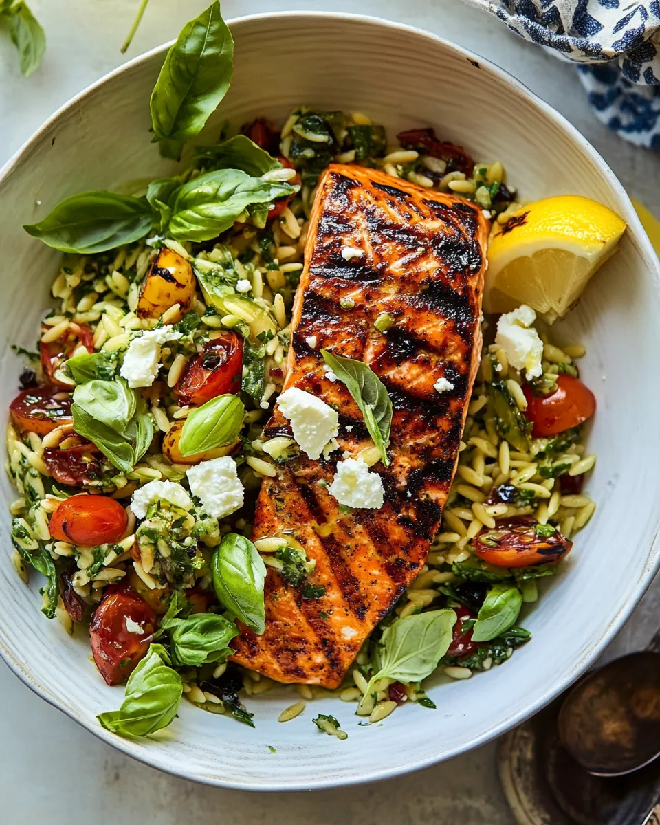 Easy Greek Salmon with Lemon Feta and Orzo Summer Salad. picture