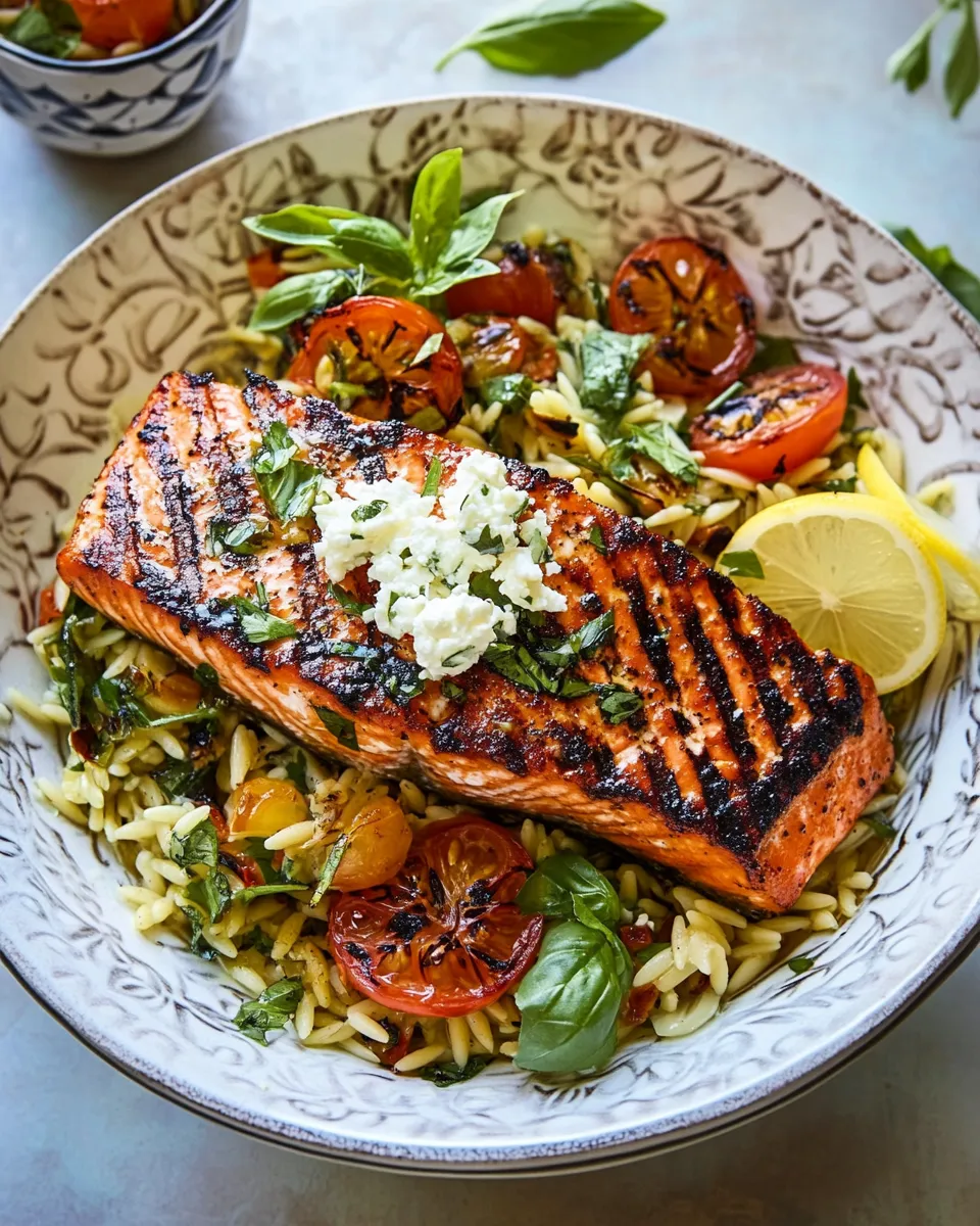 Delicious Greek Salmon with Lemon Feta and Orzo Summer Salad. shot