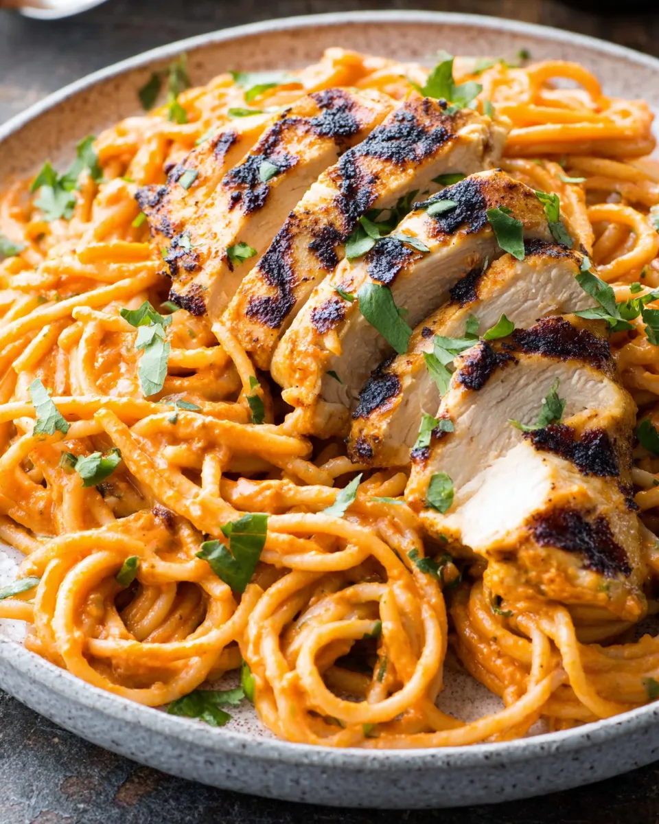 Delicious Grilled Chicken with Red Pepper Pasta dish photo