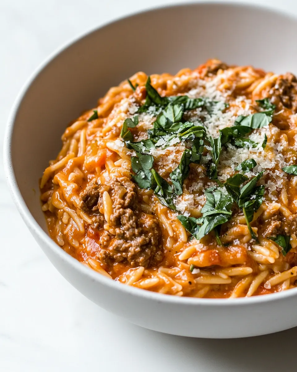 homemade Ground Beef Orzo with Tomato Cream Sauce photo