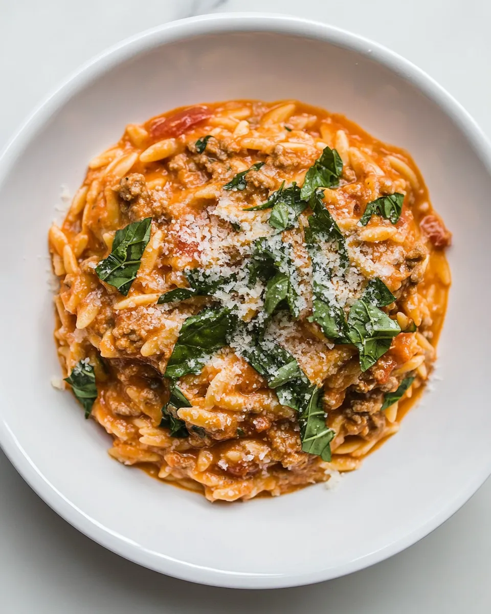 easy Ground Beef Orzo with Tomato Cream Sauce recipe image