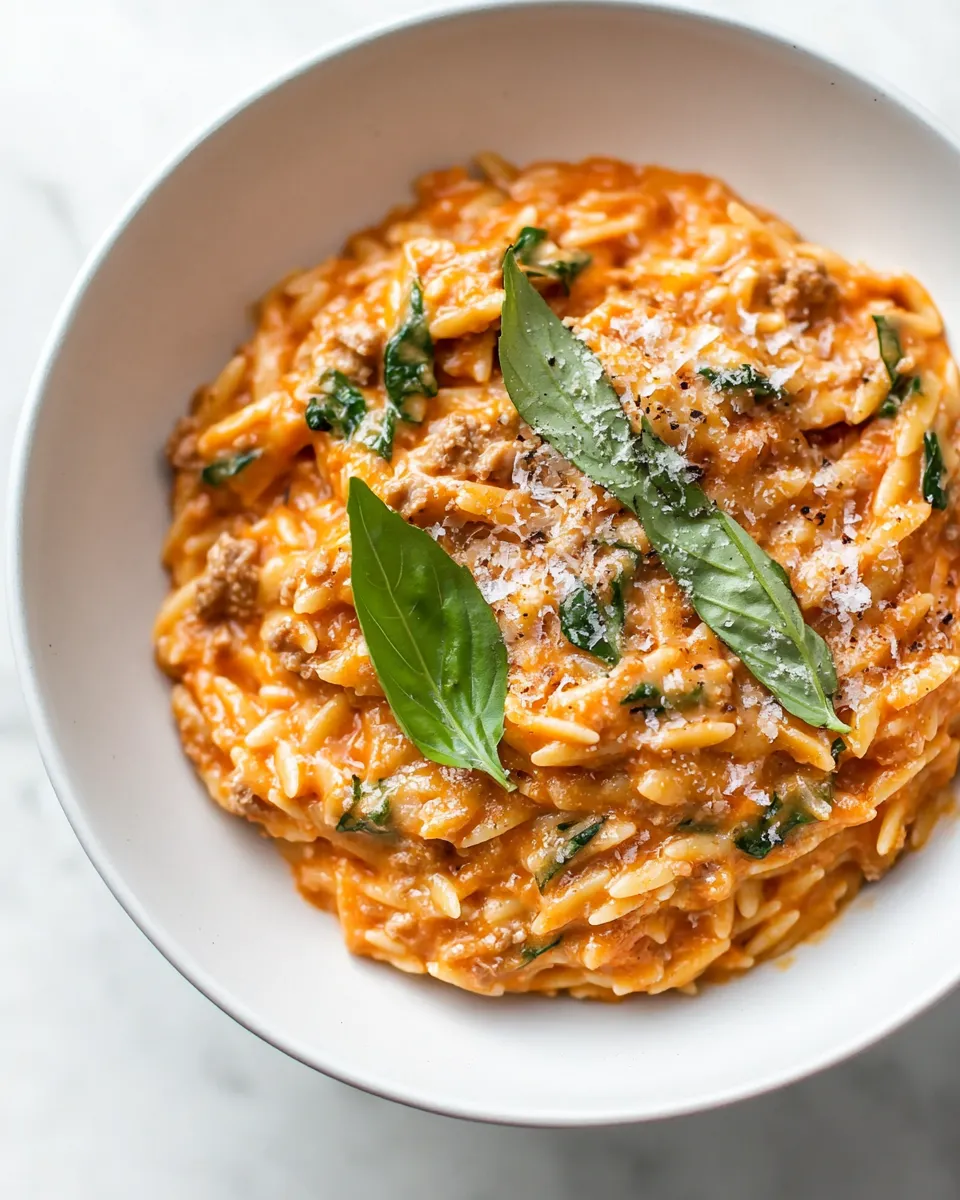 delicious Ground Beef Orzo with Tomato Cream Sauce dish photo