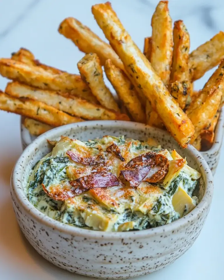 Homemade Healthy Garlicky Spinach Artichoke Dip with Baked Tofu Fries photo