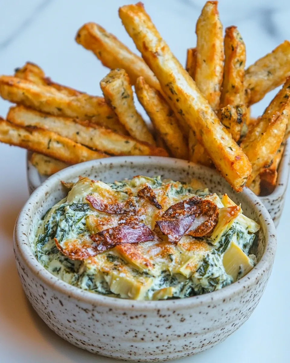 Homemade Healthy Garlicky Spinach Artichoke Dip with Baked Tofu Fries photo