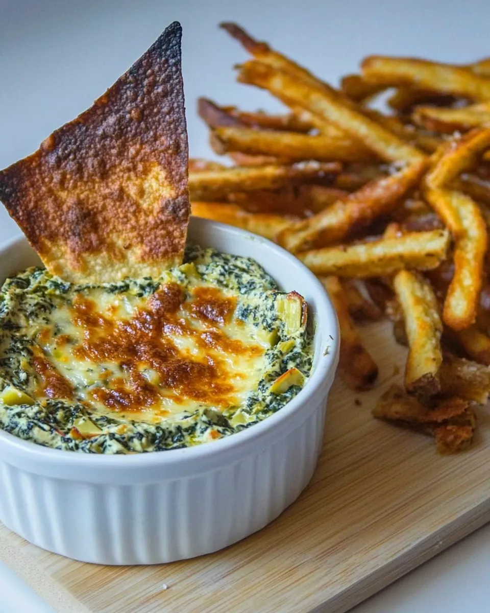 Classic Healthy Garlicky Spinach Artichoke Dip with Baked Tofu Fries image