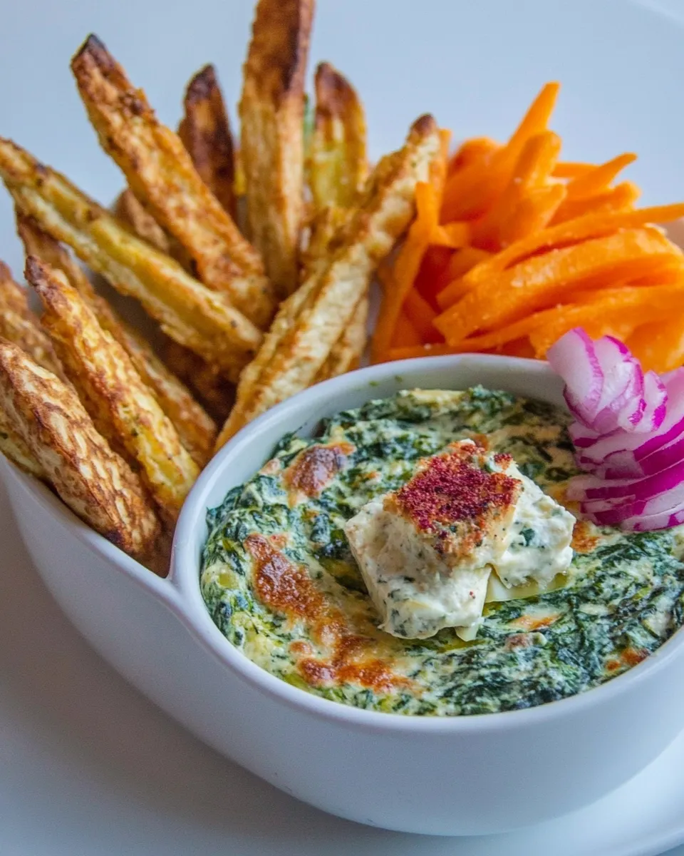 Easy Healthy Garlicky Spinach Artichoke Dip with Baked Tofu Fries picture