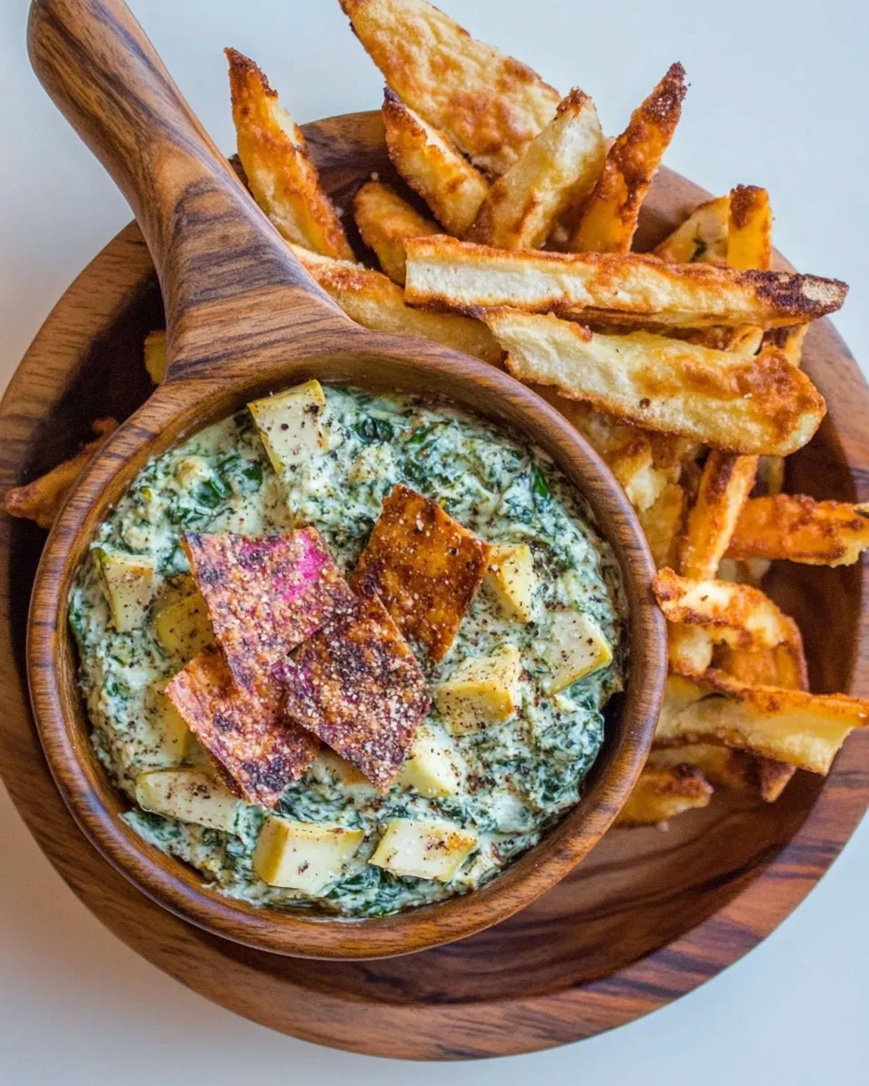 Delicious Healthy Garlicky Spinach Artichoke Dip with Baked Tofu Fries shot