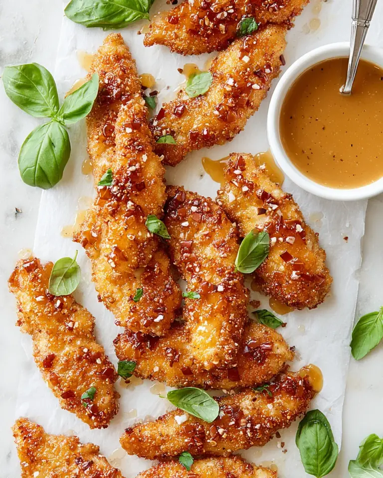 Homemade Hot Honey Pretzel Chicken Fingers with House Sauce. photo