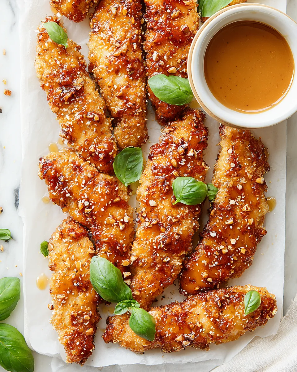Classic Hot Honey Pretzel Chicken Fingers with House Sauce. dish photo