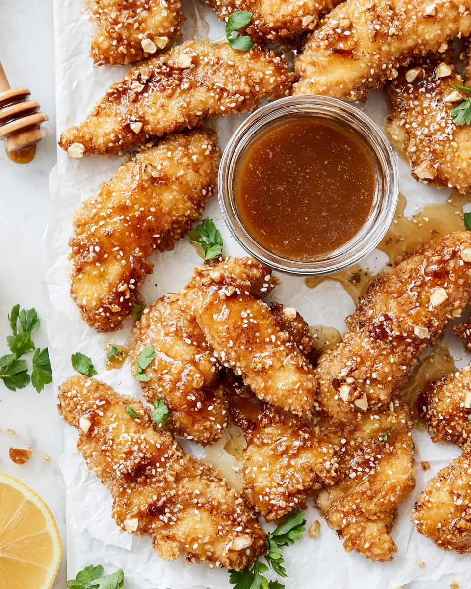Delicious Hot Honey Pretzel Chicken Fingers with House Sauce. food shot