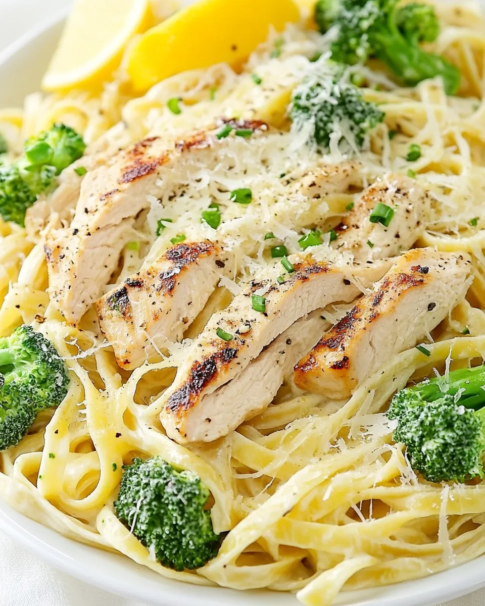 Homemade Lemon Fettuccine Alfredo with Grilled Chicken and Broccoli photo