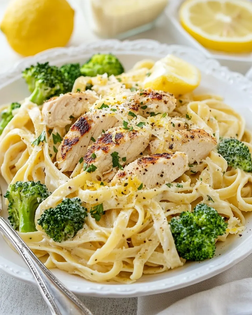 Classic Lemon Fettuccine Alfredo with Grilled Chicken and Broccoli image