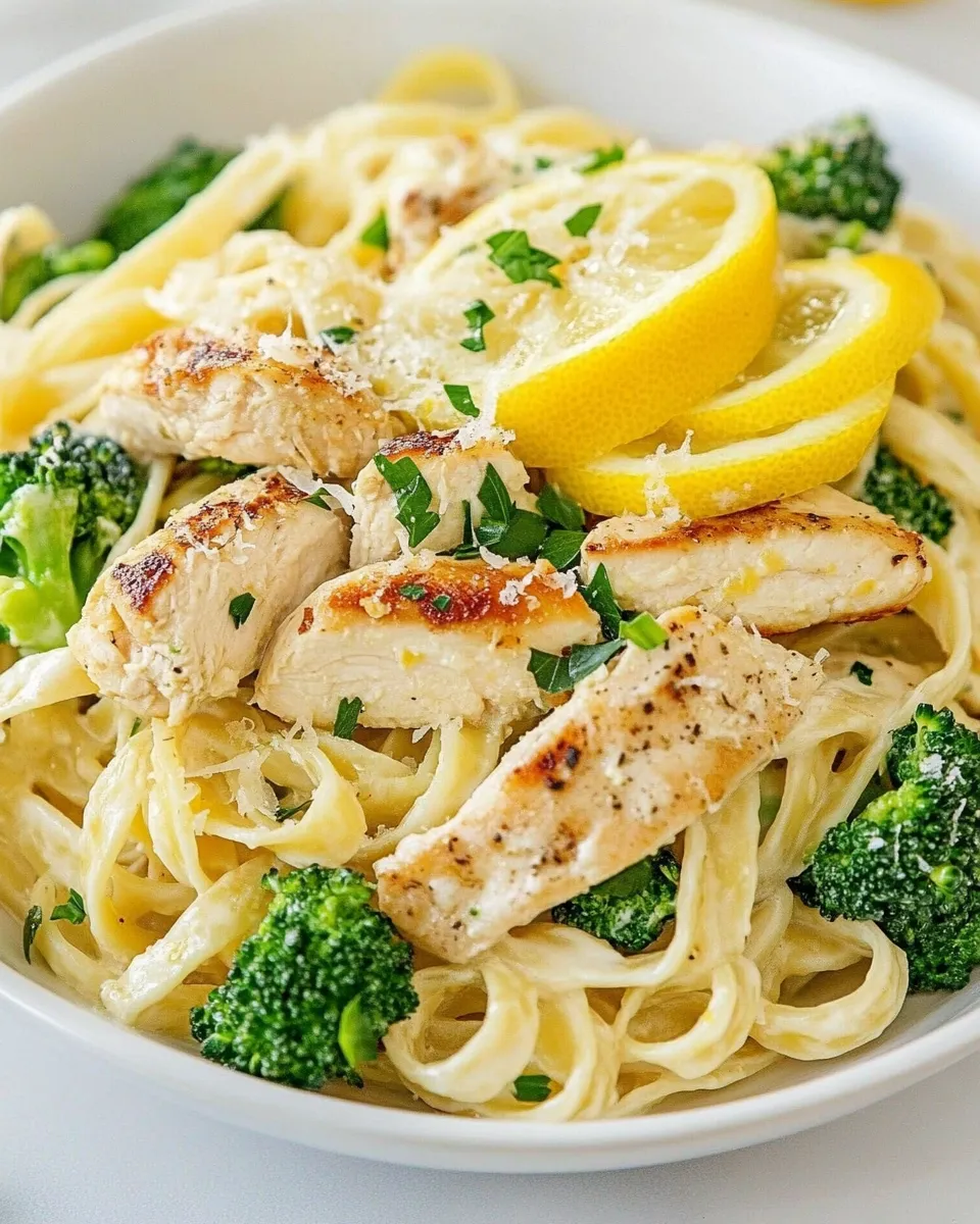 Delicious Lemon Fettuccine Alfredo with Grilled Chicken and Broccoli shot