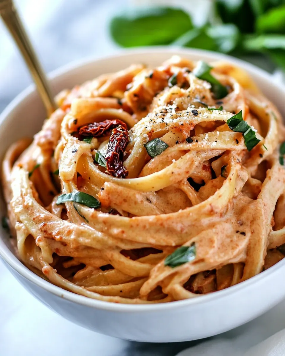homemade Lightened Up Sun-dried Tomato Fettuccine Alfredo photo