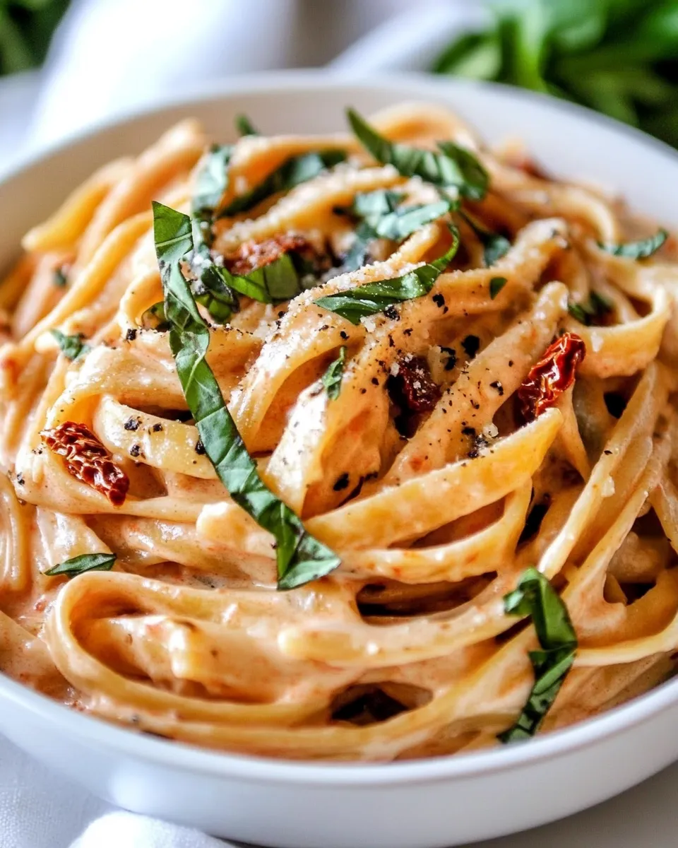 delicious Lightened Up Sun-dried Tomato Fettuccine Alfredo shot