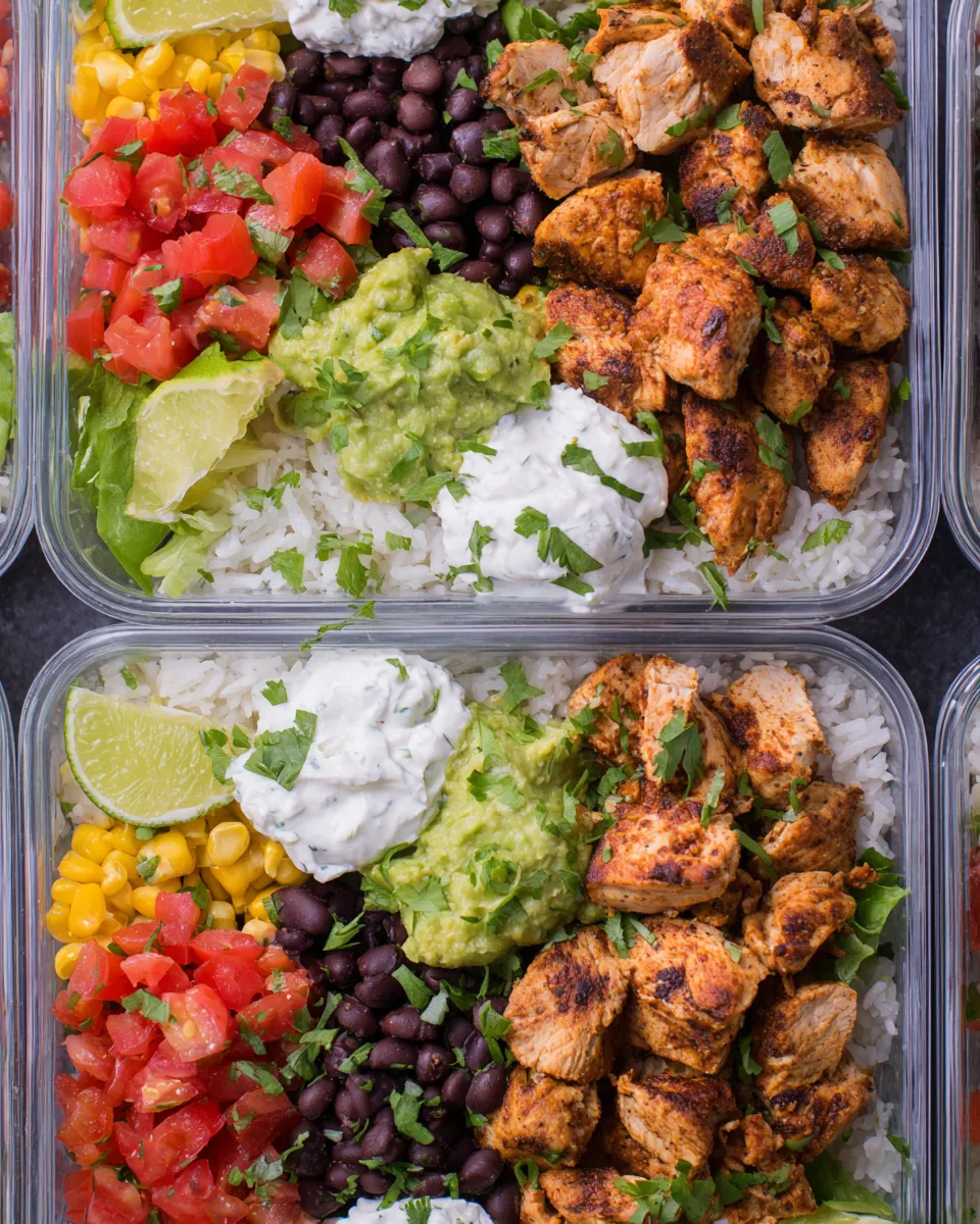 Classic Meal-Prep Chicken Burrito Bowls food shot