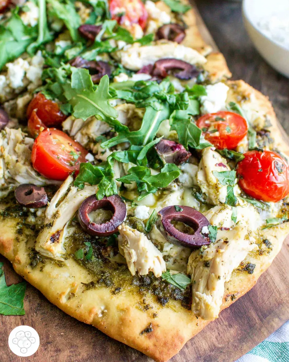 Delicious Mediterranean Flatbread with Chicken food shot