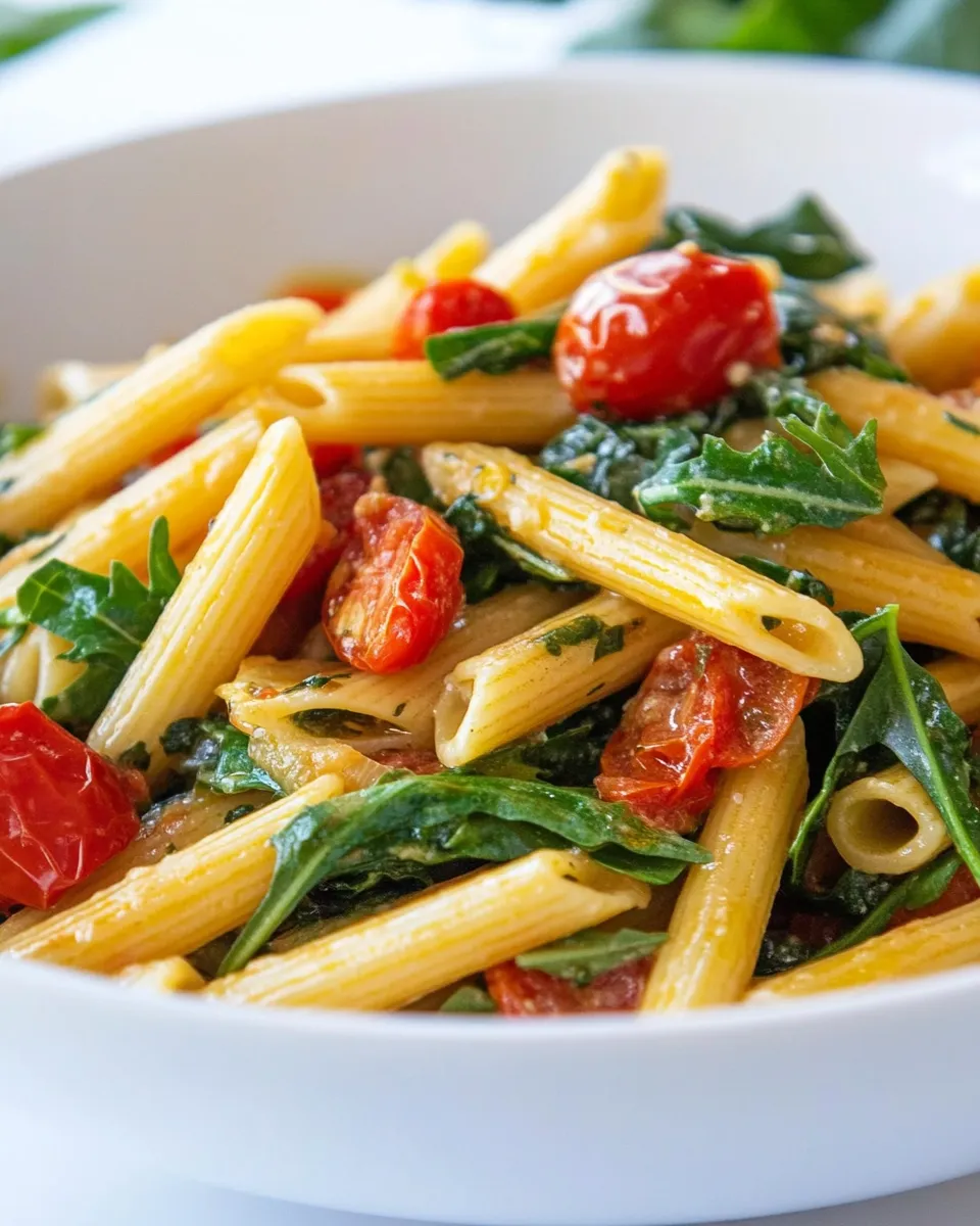 Delicious Mediterranean Penne with Arugula & Tomatoes dish photo