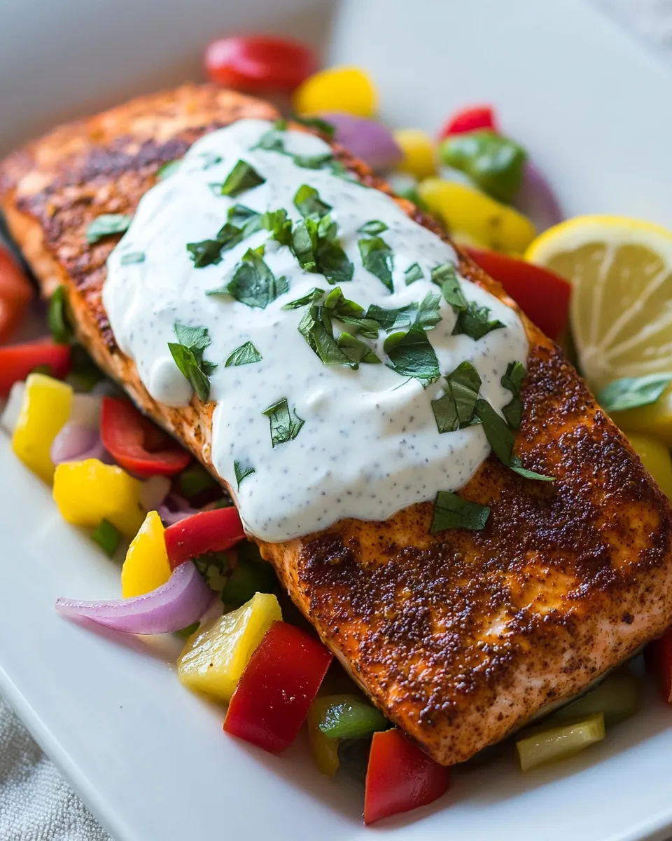 delicious Moroccan Spiced Salmon with Lemon Yogurt Sauce shot