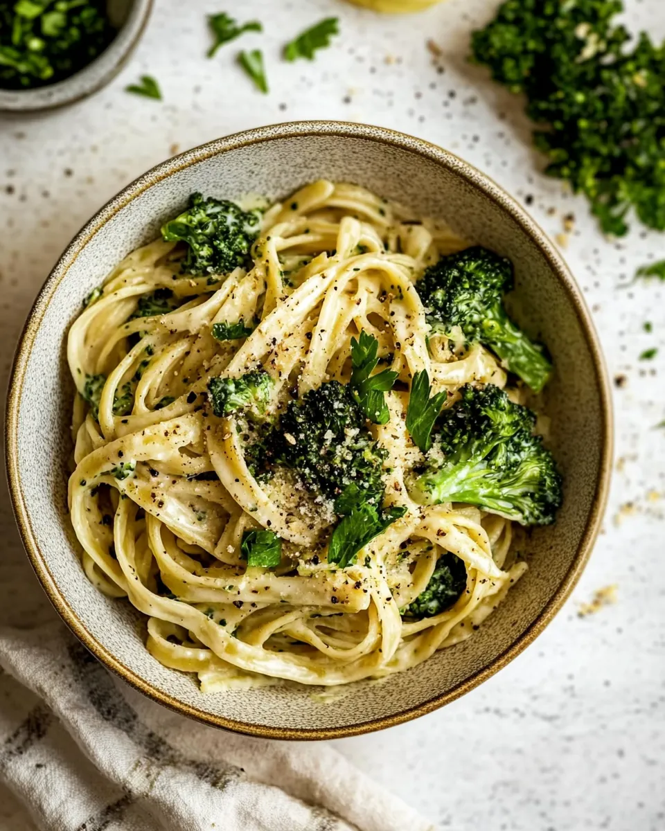 easy No-Guilt Broccoli Fettuccine Alfredo. recipe image
