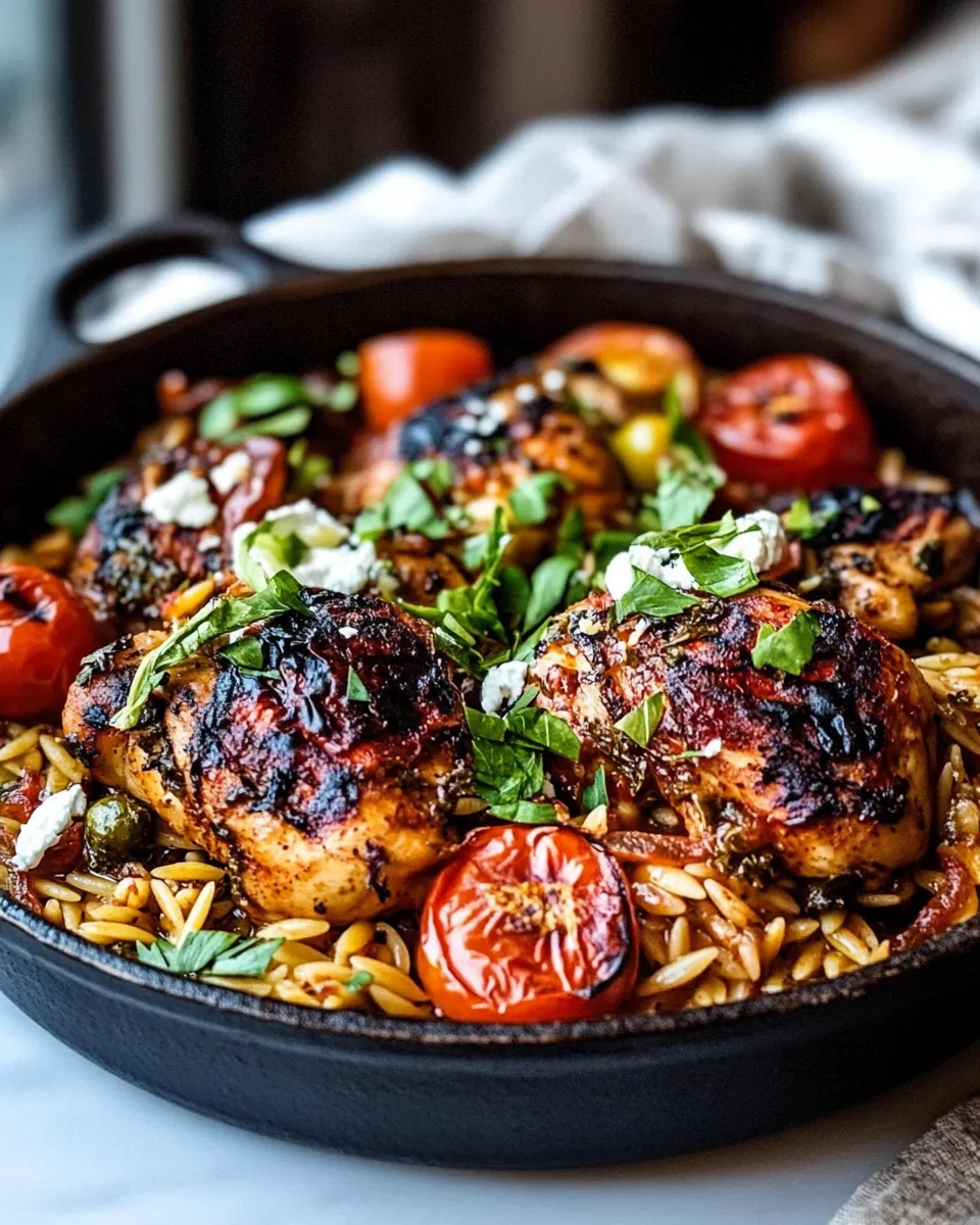 homemade One-Pot Greek Oregano Chicken and Orzo with Tomatoes in Garlic Oil photo