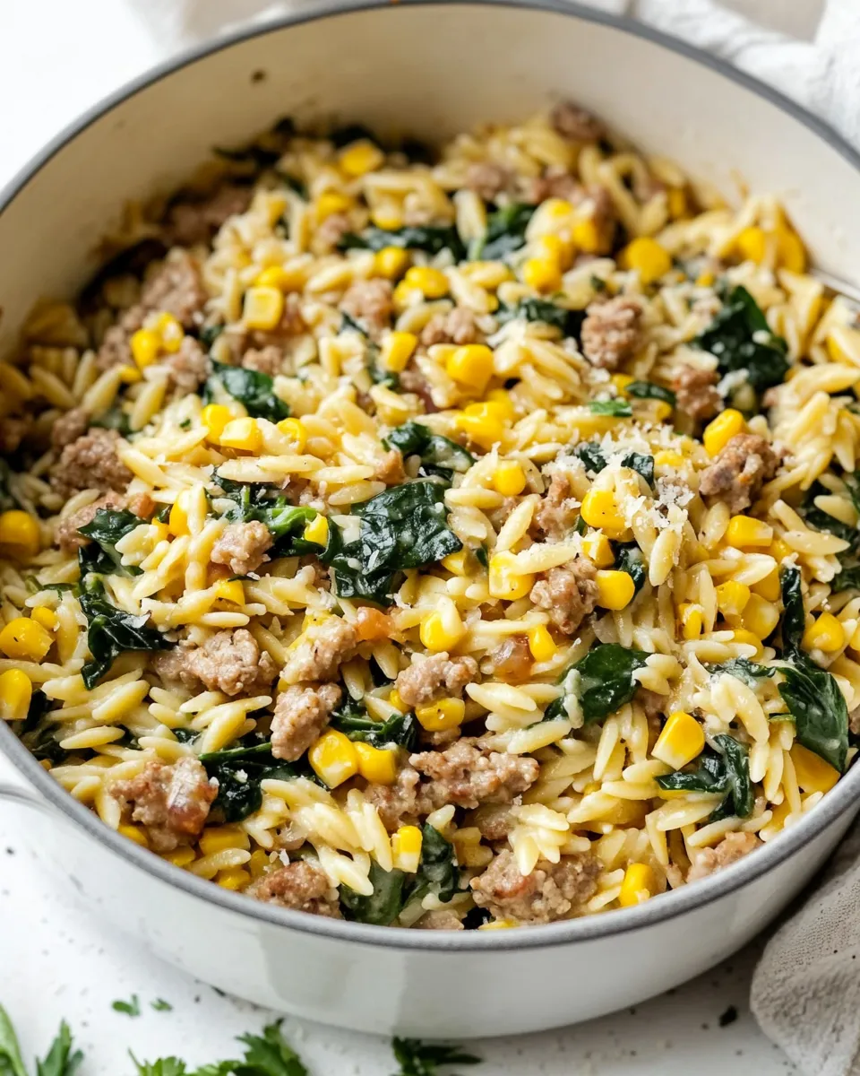 homemade One-Pot Orzo with Sausage, Spinach and Corn photo
