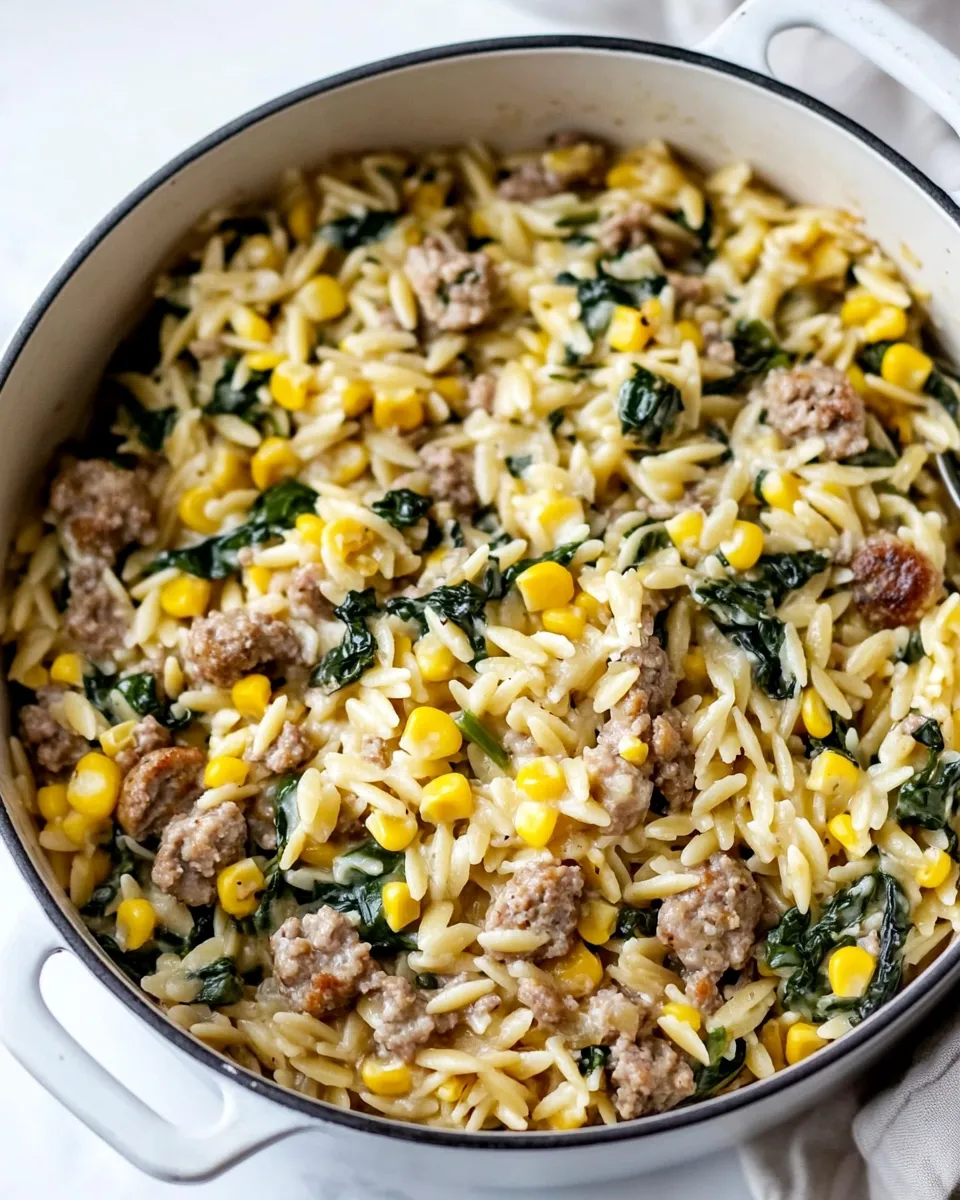 delicious One-Pot Orzo with Sausage, Spinach and Corn shot