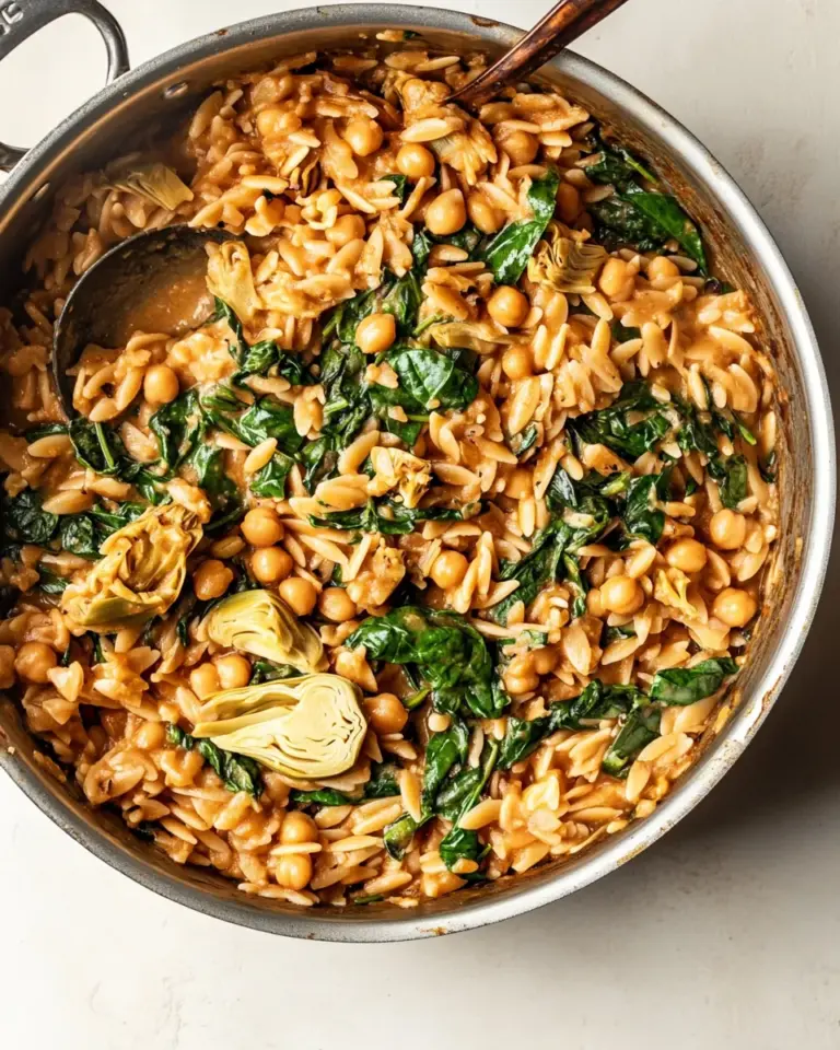 homemade One-Pot Spinach Artichoke Orzo with Chickpeas (Vegan) photo